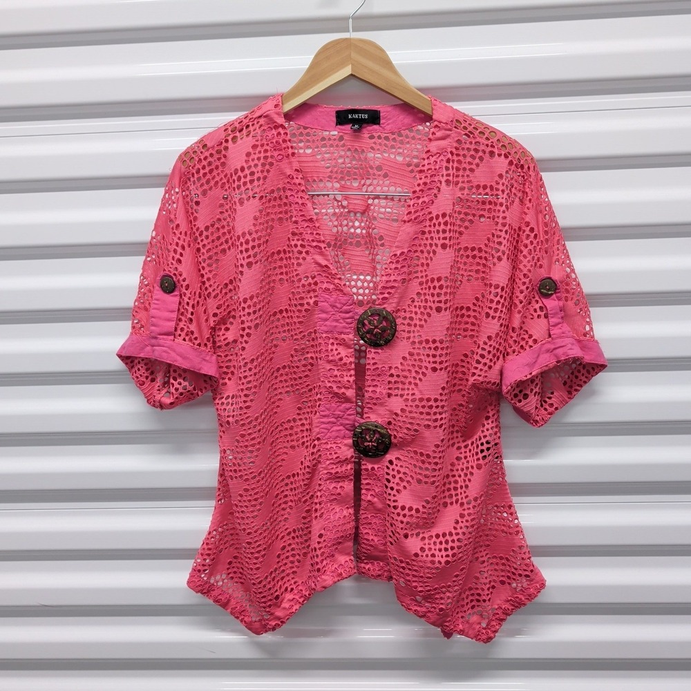 Kaktus Crochet Open‎ Knit Top Size M Womens Pink Short Sleeve Button Cardigan